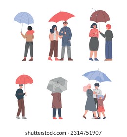 People Characters Holding Umbrella Walking in Rainy Day Vector Set