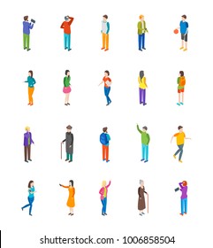 People Characters Icon Set Isometric View Different Types Social Man and Woman Isolated on White Background for Report, Research. Vector illustration