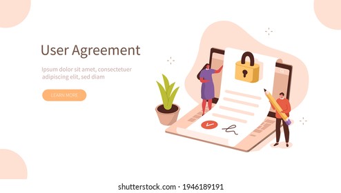 People Characters Inspecting Contract Document, Reading Privacy Policy and Terms and Conditions. Businessman Signing Contract. User Agreement Concept. Flat Isometric Vector Illustration.