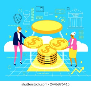 People characters investing money in pension fund. Retirement fund. Seniors saving money for retirement. Vector illustration.