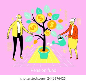 People characters investing money in pension fund. Retirement fund. Seniors saving money for retirement. Vector illustration.