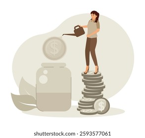 People characters investing money in self development. Woman Symbolically Nurturing Financial Growth with Coins and Dollar Sign. Flat vector modern illustration 