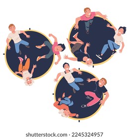 People Characters Jumping on Trampoline Bouncing and Flying in the Air Above View Vector Set