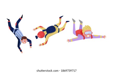 People Characters Jumping with Parachute Vector Illustration Set