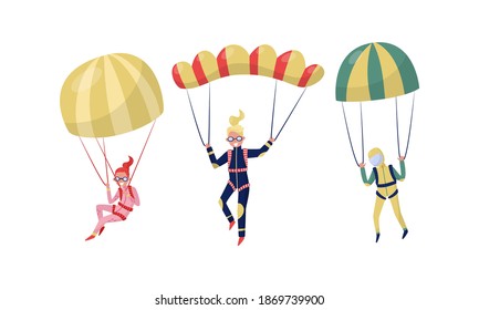 People Characters Jumping with Parachute Vector Illustration Set