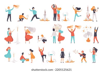 People Characters Launching and Watching Explosion of Fireworks Vector Set