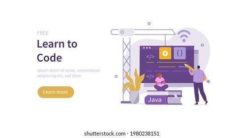 People characters learning programming. Students reading coding books with programmer languages, coding program code, improving skills. Learn to code concept. Flat cartoon vector illustration.