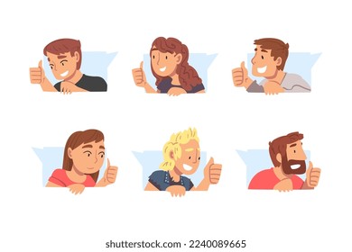 People Characters Leaving Positive Review Online Showing Adoration with Thumb Up in Speech Bubble Vector Set