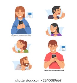 People Characters Leaving Positive Review Online Showing Adoration with Thumb Up in Speech Bubble Vector Set