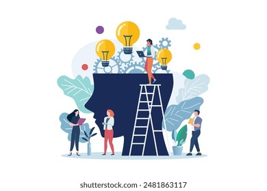 People characters with light bulb and gear wheels in the human head. Intelligence and knowledge development with brain performance. Gears and technical wheels as thoughts.