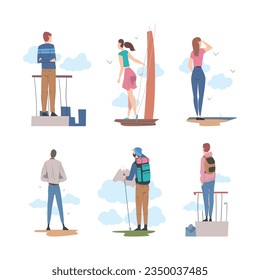 Personajes mirando hacia adelante como en un brillante conjunto de ilustraciones de vectores en el futuro