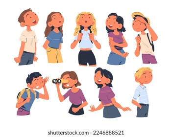 People Characters Looking Into the Distance with Curious Face Vector Set