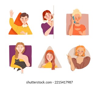 People Characters Looking Out of Window of Geometrical Shape Vector Set