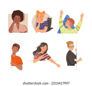 People Characters Looking Out of Window of Geometrical Shape Vector Set