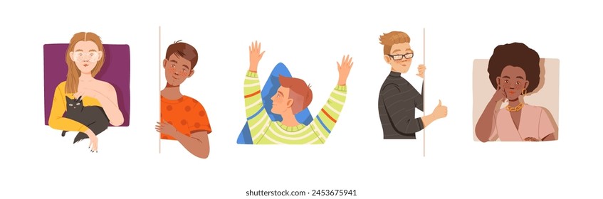 People Characters Looking Out of Window of Geometrical Shape Vector Set
