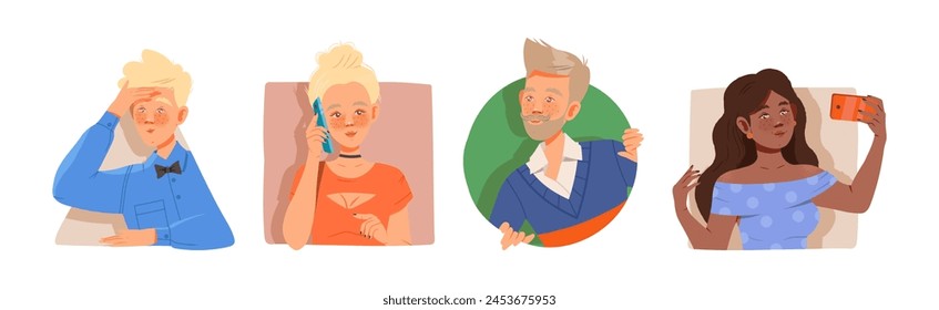 People Characters Looking Out of Window of Geometrical Shape Vector Set