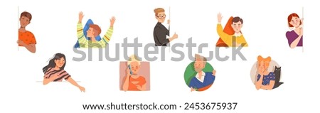 People Characters Looking Out of Window of Geometrical Shape Vector Set