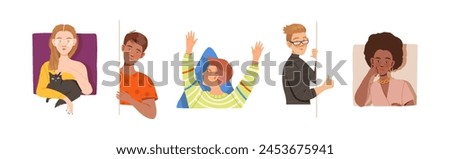 People Characters Looking Out of Window of Geometrical Shape Vector Set