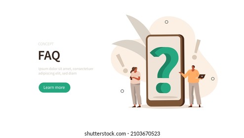 
People characters looking at question mark on smartphone. Woman and man ask questions and receive answers. Support center. Frequently asked questions concept. Flat cartoon  vector illustration.