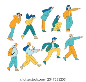 People Characters Looking and Walking Ahead Following Someone Pointing Finger Vector Set