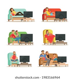 People Characters Lounging on Sofa or in Armchair Watching TV Vector Illustration Set