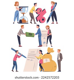 People Characters Making Contract and Deal Agreement Signing Document Vector Set
