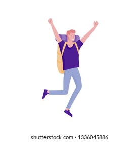 People characters man for hiking and trekking, holiday travel vector, hiker and tourism illustration. Happy Tourists travelling with friends dancing and hugging