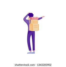 People characters man for hiking and trekking, holiday travel vector, hiker and tourism illustration. Happy Tourists travelling with friends dancing and hugging