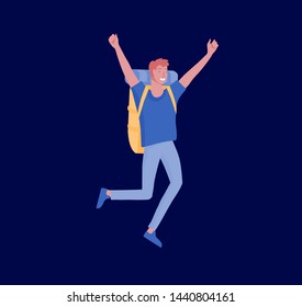 People characters man for hiking and trekking, holiday travel vector, hiker and tourism illustration. Happy Tourists travelling with friends dancing and hugging