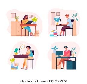 People characters man woman freelancers students working home. Vector flat graphic design illustration set
