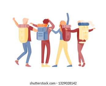 People characters man and woman for hiking and trekking, holiday travel vector, hiker and tourism illustration. Happy Tourists travelling with friends dancing and hugging