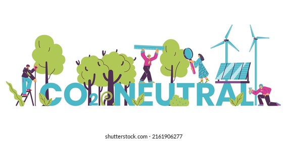 People characters measure carbon footprint flat style, vector illustration isolated on white background. Men and women, green, solar panels and wind turbines. CO2 neutral concept