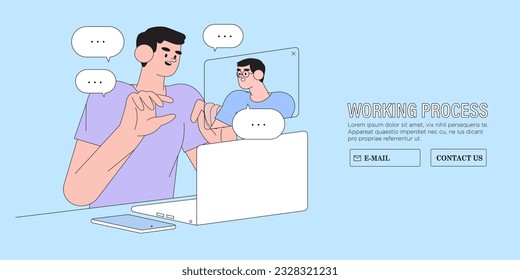 People characters meet online and plan tasks together. Colleagues sharing their business ideas and discuss projects. Business teamwork concept banner, landing page, for web, ui, social media ads.