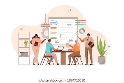 People Characters Meeting in Conference Room and Planning Project Strategy. Colleagues Sharing their Business Ideas on Board. Business Process Concept. Flat Cartoon Vector Illustration.