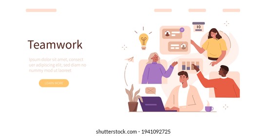 People Characters Meeting Online and Planning Project Tasks Together. Colleagues Sharing their Business Ideas. Business Teamwork Concept. Flat Cartoon Vector Illustration.