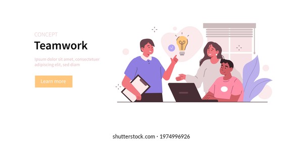 People Characters Meeting Online and Planning Project Tasks Together. Colleagues Sharing their Business Ideas. Business Teamwork Concept. Flat Cartoon Vector Illustration.