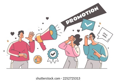 People characters with megaphone loudspeaker making promote announce concept. Doodle line art cute style concept set. Vector cartoon graphic design element illustration