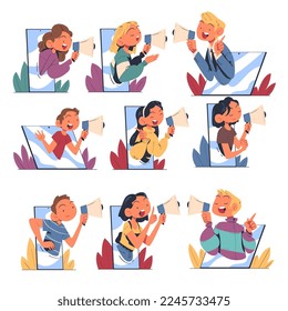 People Characters with Megaphone Shouting from Gadget Screen Vector Set