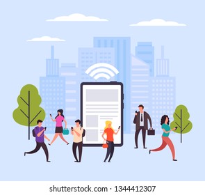 People characters men and women communicate by smartphone internet. Online international communication concept. Vector flat design graphic cartoon isolated illustration