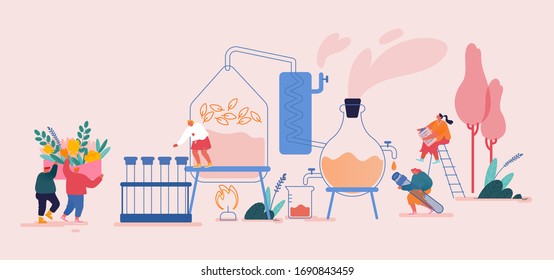 People Characters Mixing Herbs in Bottle for Natural Cosmetics and Oils. Organic Ingredients for Better Skin Care, Healthcare in Cosmetology. Herbal Cosmetic from Plants. Cartoon Vector Illustration