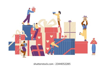 People characters near huge pile of gifts boxes. People men and women exchanging gifts for holidays, cartoon flat vector illustration isolated on white background