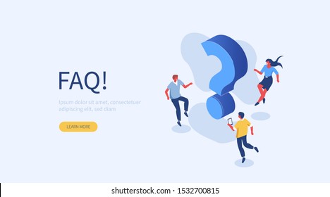 People Characters near Question Marks. Woman and Man Ask Questions and receive Answers. Online Support center. Frequently Asked Questions Concept. Flat Vector Illustration.