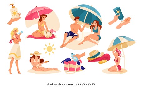 People Characters on Beach Sunbathing Wearing Swimsuit and Applying Sunscreen Vector Set - Shutterstock ID 2278297989