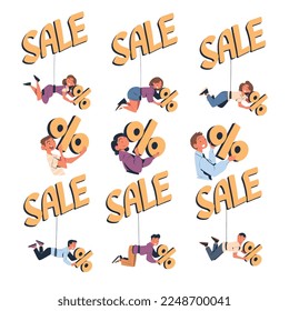 People Characters on Discount Hook with Sale and Percentage Sign Vector Set