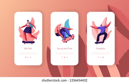 People Characters on Skateboard for Mobile App Page Onboard Screen Set. Skateboarding Girl on Longboard. Freedom Lifestyle Website or Web Page. Flat Cartoon Vector Illustration