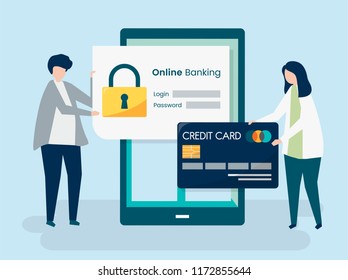 Caracteres de personas y ilustración del concepto de seguridad bancaria en línea