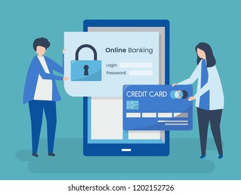Caracteres de personas y ilustración del concepto de seguridad bancaria en línea