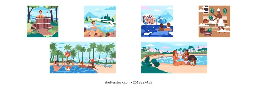 People Characters at Open-air Swimming Pool Enjoying Resort Vector Illustration Set