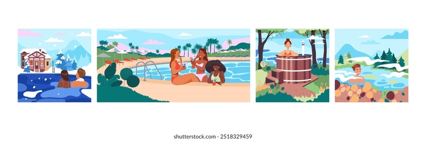 Personagens de pessoas em piscina ao ar livre Desfrutando Resort Vetor Ilustração Set