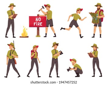 People Characters as Park Ranger or Forest Rangers Protecting and Preserving National Parklands Vector Set